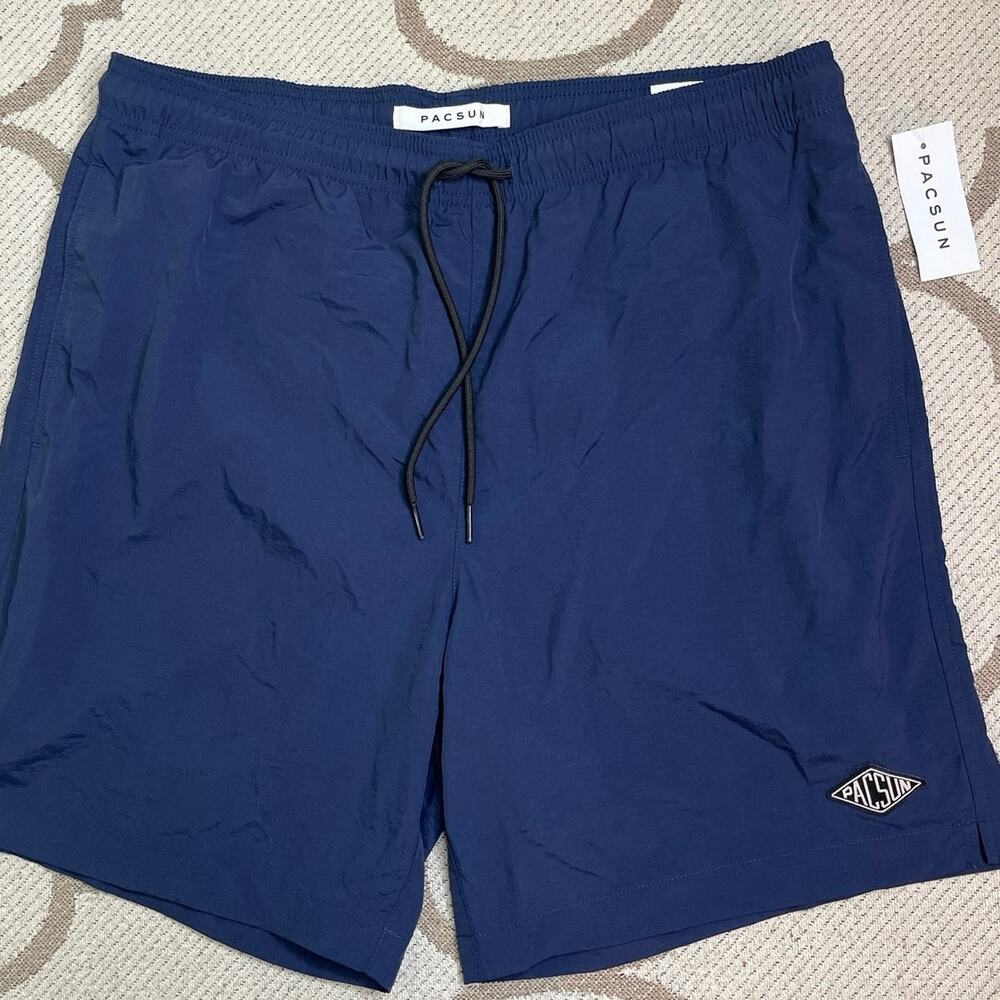 Pacsun Simple Solid Navy Blue 7” pull on swim trunks, size medium, MSRP $30